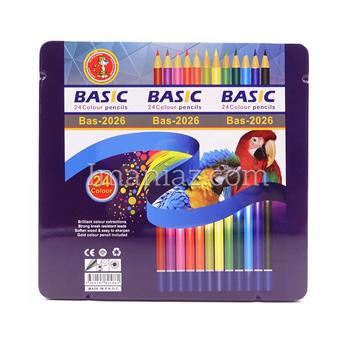 مداد رنگی 24 رنگ جعبه فلزی تخت باسیک